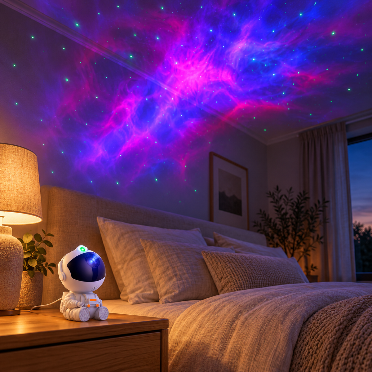 AstroGlow with colourful nebula lighting in a bedroom