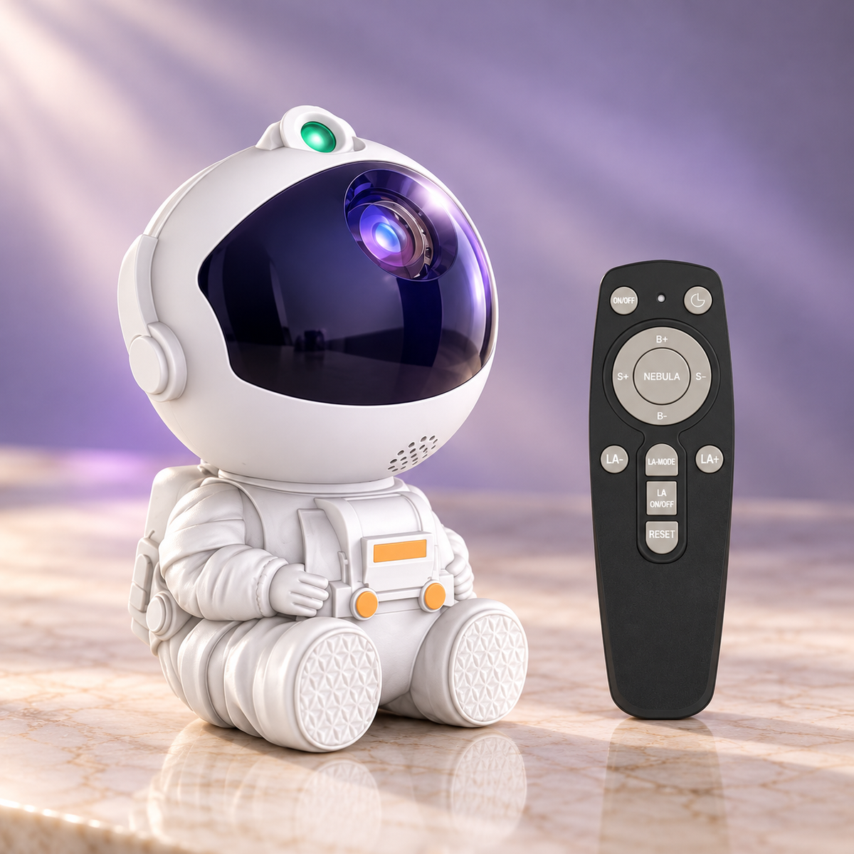 AstroGlow White astronaut projector and remote in a premium studio setting