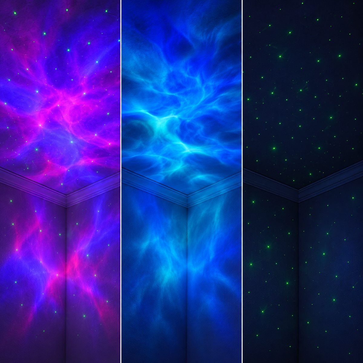 Three display modes: nebula with stars, nebula only, and green stars only
