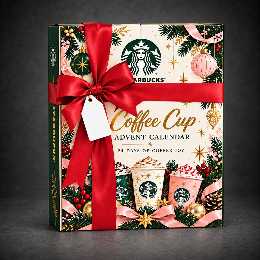 Coffee cup advent calendar in a festive ribbon gift box
