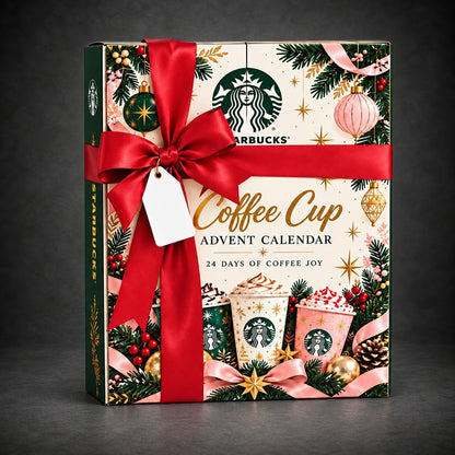 Coffee cup advent calendar in a festive ribbon gift box