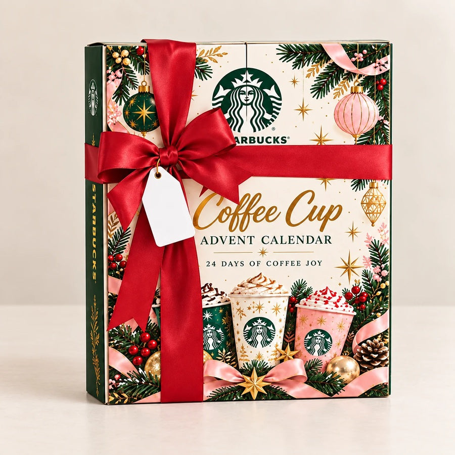 Coffee cup advent calendar packaging on a light background