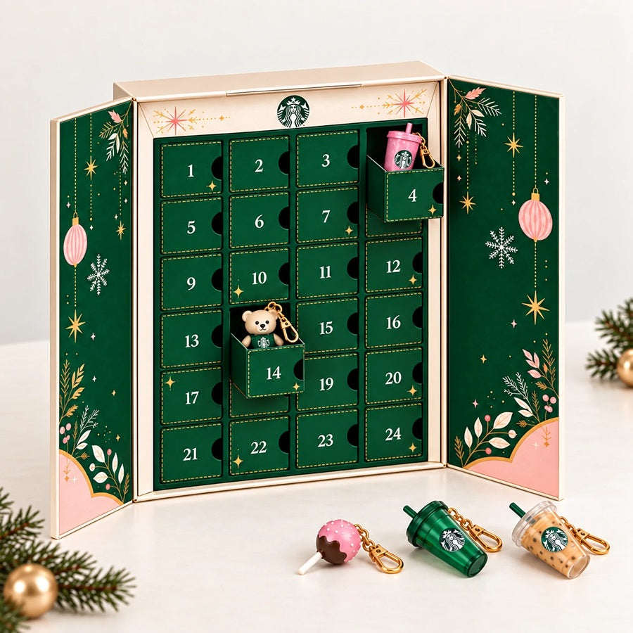 Open calendar showing numbered doors and mini cup collectibles
