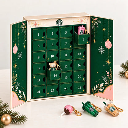 Open calendar showing numbered doors and mini cup collectibles