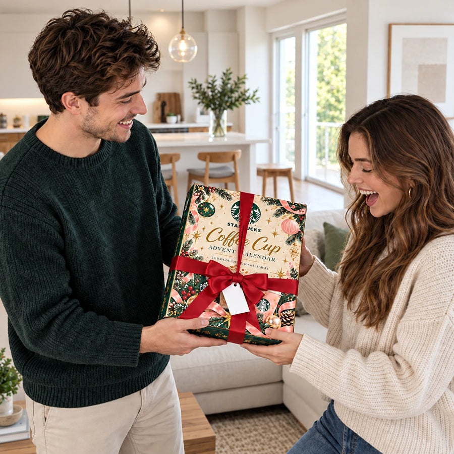 Coffee cup advent calendar being given as a holiday gift