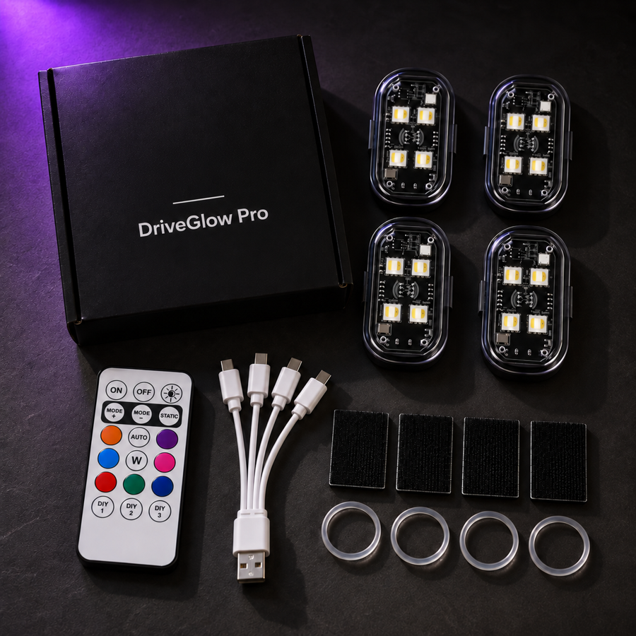Four-module DriveGlow Pro kit with remote, charging cable and mounting accessories