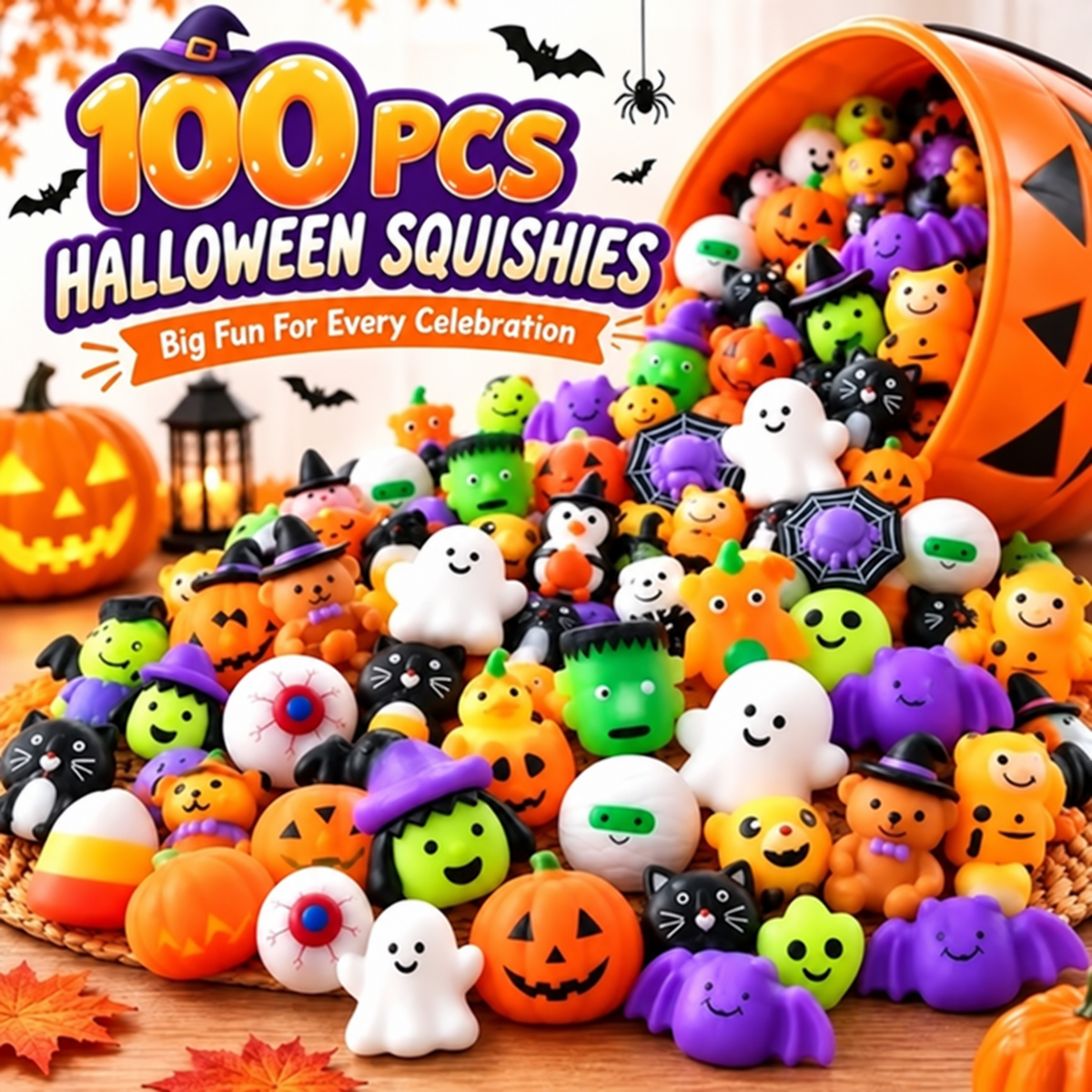 100 PCS Halloween Squishies — assorted Halloween mochi squishy toys