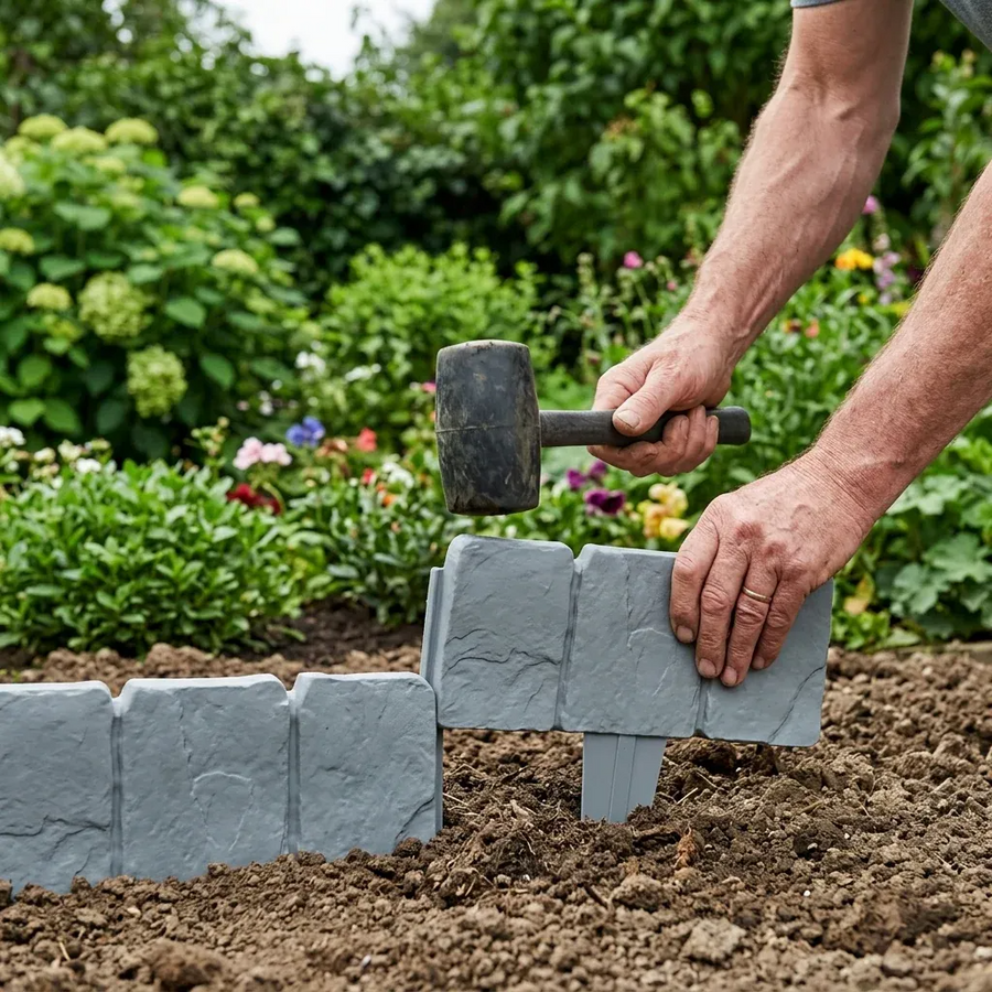 Installing garden edging into prepared soil