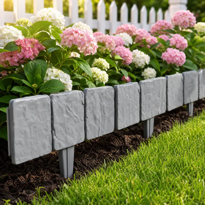 Gray edging panels with integrated ground stakes