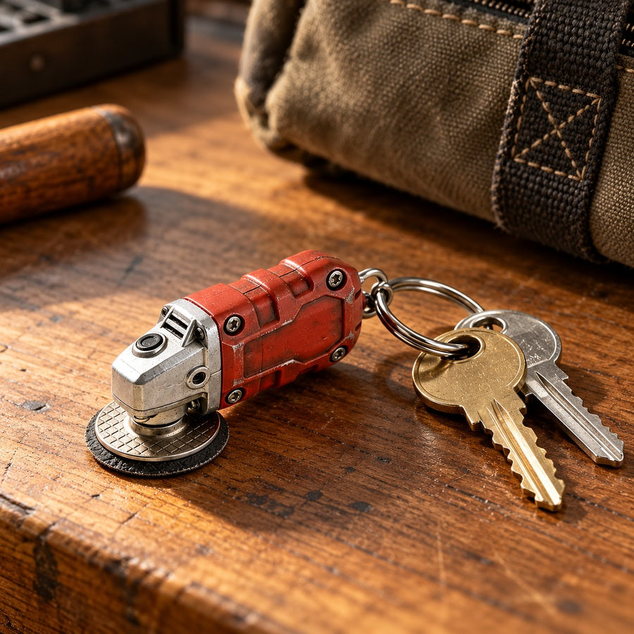Red Mini Chain with house keys on a workshop desk