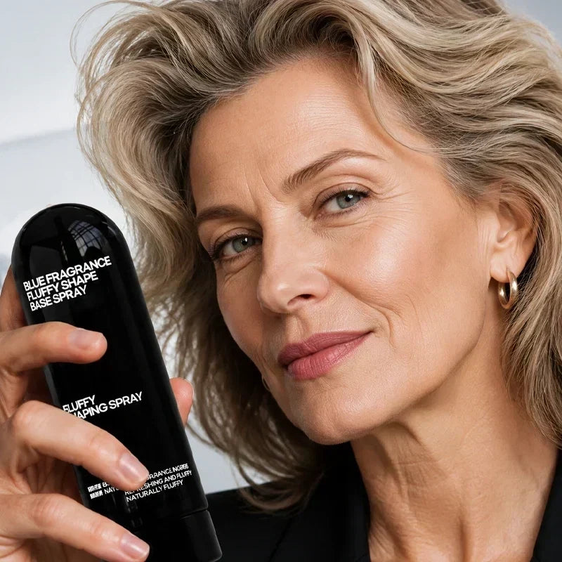 Volumizing spray bottle and styled hair