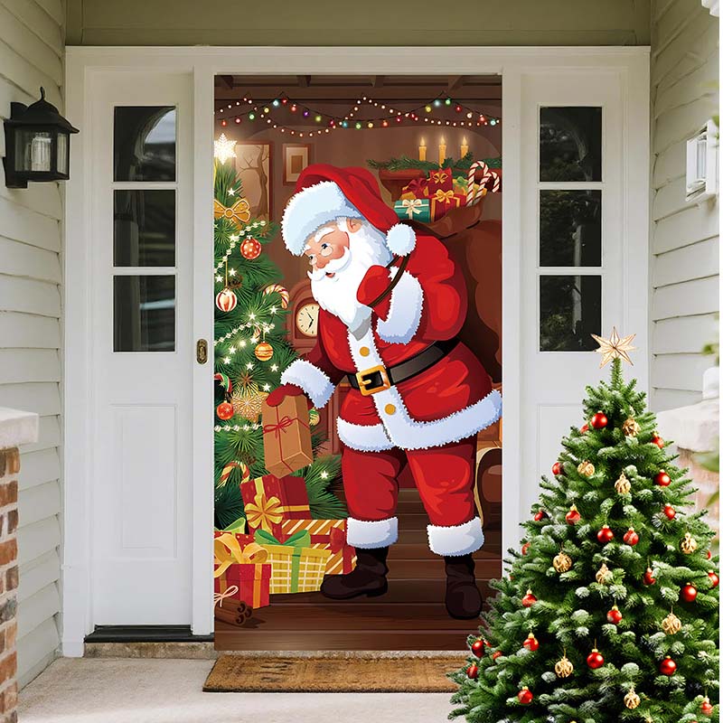 Christmas door cover with Santa on a decorated entrance